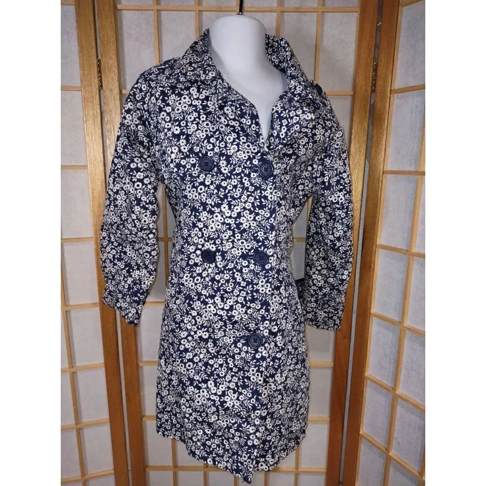 Baby Gap Toddler Size 4 Floral Trench Coat Navy White Double Breasted Jacket